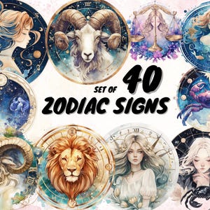 40 segni zodiacali Clipart, simboli dei segni zodiacali, simboli stampabili, scrapbooking, idea regalo di compleanno, acquerello, zodiaco stampabile, grafica oroscopo