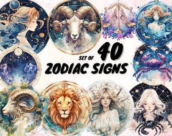 40 signos del zodíaco, símbolos de los signos del zodíaco, símbolos imprimibles, álbumes de recortes, ideas para regalos de cumpleaños, acuarela, zodíaco imprimible, gráficos del horóscopo