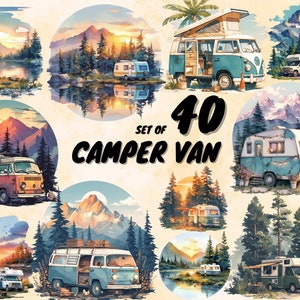 40 furgonetas camper de acuarela, imágenes prediseñadas de furgonetas de aventura, furgonetas de acampada mágicas, escenas de caravanas, caravanas png, paquete de viajes, paisaje de acampada