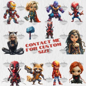Pu&ograve; includere: Un set di 10 illustrazioni digitali con vari personaggi di supereroi, tra cui Iron Man, Thor, Thanos, Spiderman, Deadpool, Black Cat, Wonder Woman, Rocket Raccoon, Flash e Black Widow. Le illustrazioni sono in stile cartone animato e sono perfette per l'uso in progetti digitali.