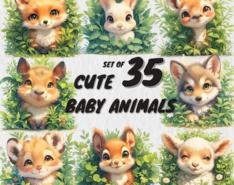 Può includere: Set di 35 illustrazioni di cuccioli di animali carini che presentano una varietà di animali adorabili in uno stile cartone animato. Gli animali sono circondati da vegetazione verde e fiori.