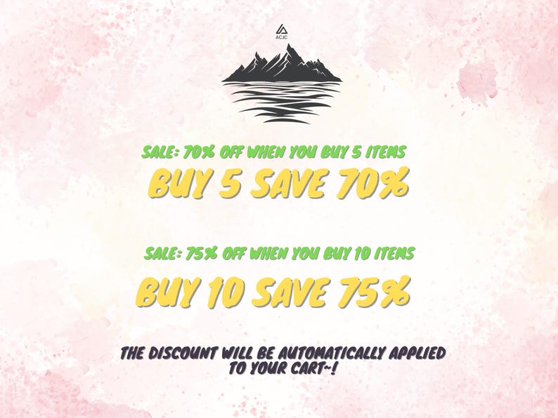 Pu&ograve; includere: Una grafica con un'illustrazione di una catena montuosa e acqua. Il testo recita "SALE: 70% OFF WHEN YOU BUY 5 ITEMS BUY 5 SAVE 70% SALE: 75% OFF WHEN YOU BUY 10 ITEMS BUY 10 SAVE 75% THE DISCOUNT WILL BE AUTOMATICALLY APPLIED TO YOUR CART~!"