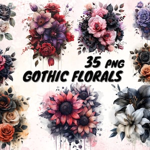 35 Clipart Floral Gótico Aquarela, Clip Art Mágico de Flores Góticas, Downloads de Imagens Digitais PNG de Fantasia de Conto de Fadas Escuro, Rosas Góticas