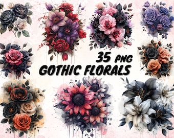 35 Aquarell Gothic Blumen Clipart, magische gotische Blumen Clip Art, dunkle Märchen Fantasie PNG digitale Bild-Downloads, gotische Rosen