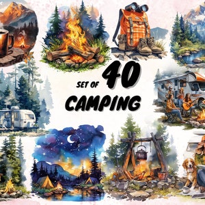 45 Clipart de acampamento em aquarela, pacote de PNG de sublimação de acampamento, barraca de vida de acampamento, fogueira, lanterna, mochila, ilustrações de acampamento Cliparts