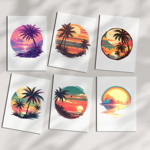 May include: Six printable cards featuring sunset scenes with palm trees and a beach. The cards have a retro, vintage aesthetic with a circular design.