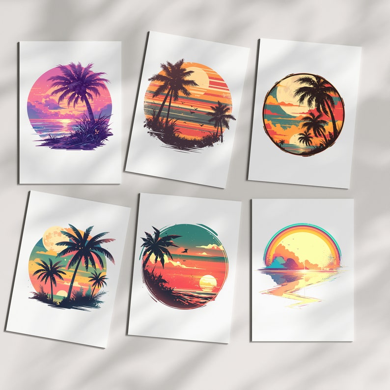 May include: Six printable cards featuring sunset scenes with palm trees and a beach. The cards have a retro, vintage aesthetic with a circular design.