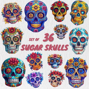 36 Sugar Skull Clipart , sugar skull graphics, Dia de los Muertos Decoration,skull decoration,Mexican culture art, sugar skull png