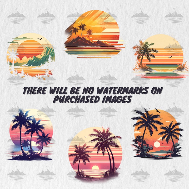 May include: Six digital illustrations of palm trees and sunsets in a retro style. Each illustration features a circular design with a sunset, palm trees, and a beach scene.