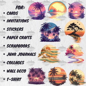 May include: Set of 9 digital clipart images featuring tropical sunset scenes with palm trees, a rainbow, and a river.  These images are perfect for cards, invitations, stickers, paper crafts, scrapbooks, junk journals, collages, wall decor, and t-shirts.