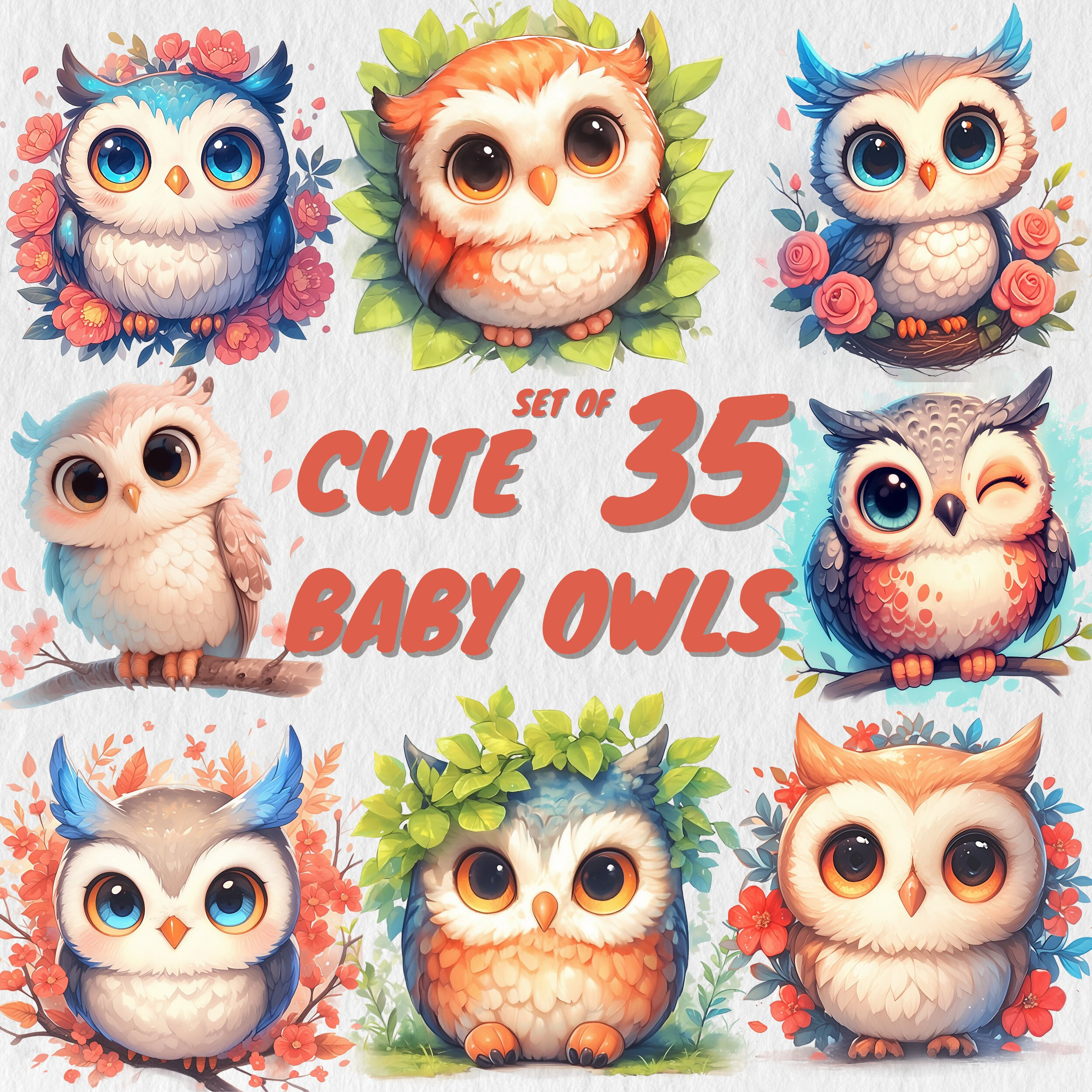 35 Watercolor Cute Baby Owls Clipart,Cute Adorable Owlets,Baby Owlet,Woodland,Barn Animal Illustrati