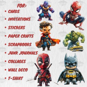Pu&ograve; includere: Immagini digitali di clipart di personaggi di supereroi popolari, tra cui Spiderman, Hulk, Thanos, Doctor Strange, Deadpool e Batman. Le immagini sono in stile cartone animato e sono adatte per l'uso in biglietti, inviti, adesivi, artigianato di carta, album di ritagli, diari di scarto, collage, decorazioni murali e t-shirt. PER: BIGLIETTI, INVITI, ADESIVI, ARTIGIANATO DI CARTA, ALBUM DI RITAGLI, DIARI DI SCARTO, COLLAGE, DECORAZIONI MURALI, T-SHIRT