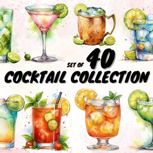 40 cliparts cocktail, carte de boissons signature aquarelle, Daiquiri PNG inclus, créez des cadeaux de menu de bar uniques avec ce lot de cliparts
