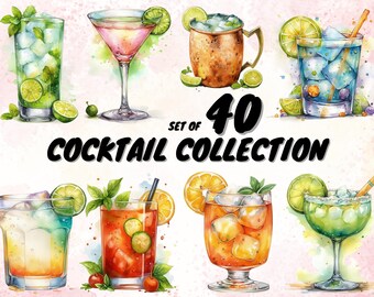 40 Cocktail Clipart, Watercolor Signature Drink Menu, Daiquiri PNG Included, Create Unique Bar Menu Gifts with this Clip Art Bundle