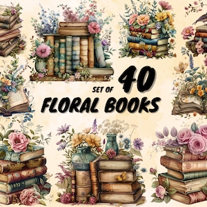 40 PNG aquarela floral livros clipart, livro clip art, livro pacote PNG, pilha de livros vintage, biblioteca clip art, livros antigos, amante de livros clipart