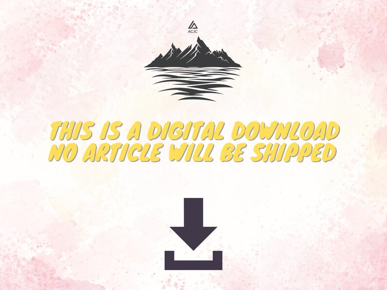 Pu&ograve; includere: Una grafica di download digitale con uno sfondo giallo e una catena montuosa nera con un lago blu. Il testo "Questo &egrave; un download digitale, nessun articolo verr&agrave; spedito" &egrave; in giallo. Una freccia nera verso il basso con una casella bianca si trova sotto il testo.