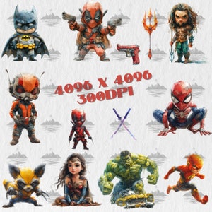 Pu&ograve; includere: Un'illustrazione digitale di vari personaggi di supereroi, tra cui Batman, Deadpool, Ant-Man, Spider-Man, Wolverine, Wonder Woman, Hulk e Flash. I personaggi sono raffigurati in uno stile cartone animato con colori vivaci e contorni audaci.