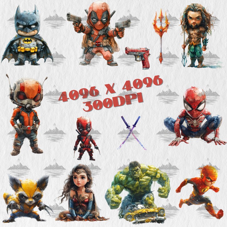 Pu&ograve; includere: Un'illustrazione digitale di vari personaggi di supereroi, tra cui Batman, Deadpool, Ant-Man, Spider-Man, Wolverine, Wonder Woman, Hulk e Flash. I personaggi sono raffigurati in uno stile cartone animato con colori vivaci e contorni audaci.