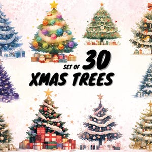 30 Watercolor Christmas Trees Clipart | Painted Tree Clipart | Christmas Illustrations | PNG Graphics | Instant Download for Commercial Use