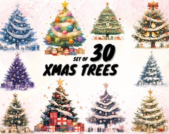 30 Watercolor Christmas Trees Clipart | Painted Tree Clipart | Christmas Illustrations | PNG Graphics | Instant Download for Commercial Use