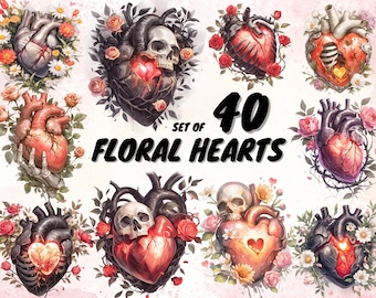 40 imágenes prediseñadas de corazones florales, imágenes prediseñadas de corazones florales góticos, ilustraciones de San Valentín con corazones de flores, descarga instantánea, uso comercial