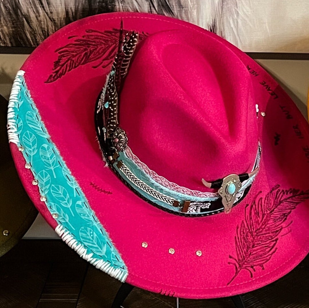 Pink & Punchy Hand-burned Rancher Hat - Etsy