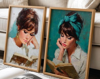 Vintage Book Lover Art Print Set: Retro Woman Reading (Digital Download)