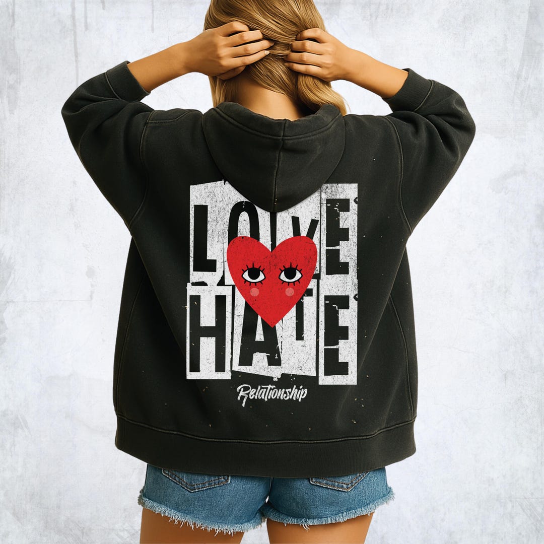 Love Hate Oversized Acid Wash Hoodie, Premium Fleece Sherpa Hoodie ...