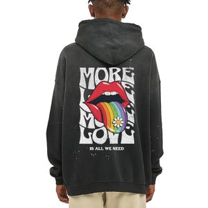 More Love Oversized Acid Wash Hoodie, Vintage Hippie 70s Rave Hoddie, Retro Grunge Rock Hoodie, Premium Fleece Bleached Y2K Designer Hoddie