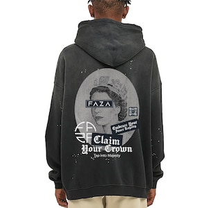 Royalty Grunge vintage Washed Hoodie, Queen Fashionable Bleached Hoodie, Y2k streetwear designer clothing Distressed baggy hooded sweatshirt