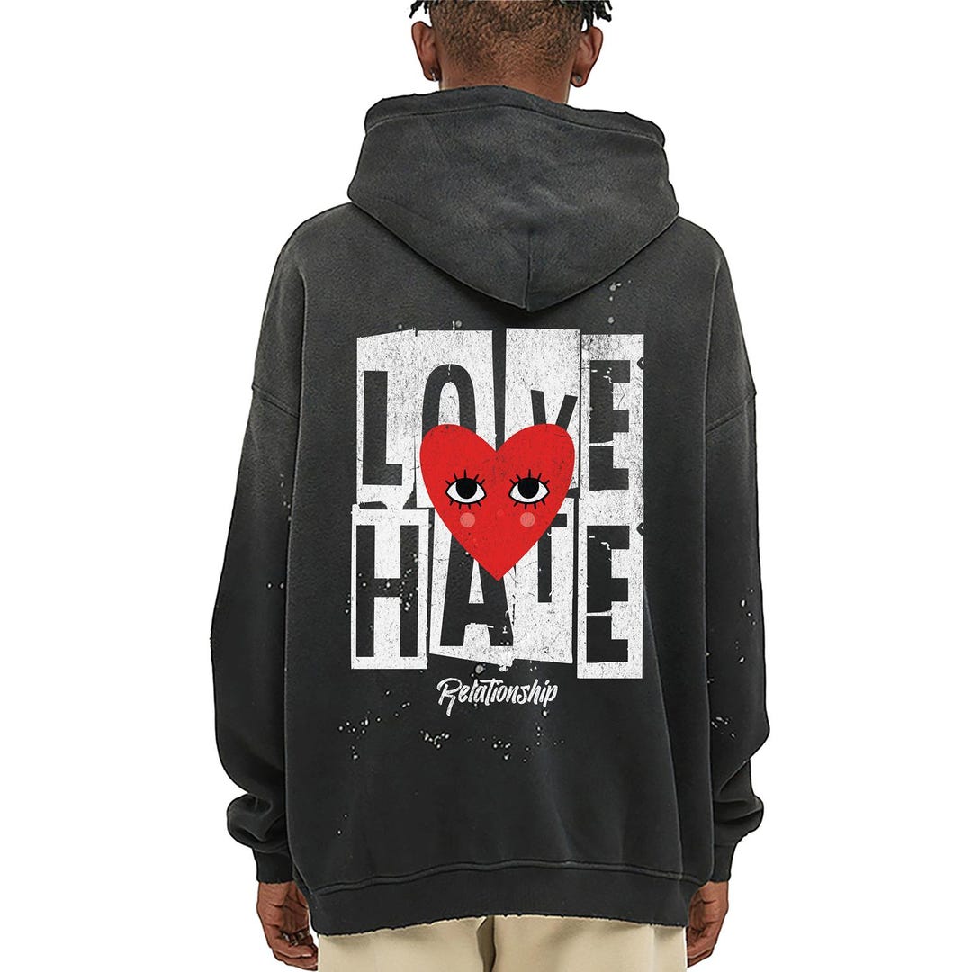 Love Hate Vintage Wash Frayed Fleece Hoodie Acid Washed Retro Hoodie Vintage Grunge Washed Y2k Sweatshirt Vintage Bleached Designer Clothing Etsy
