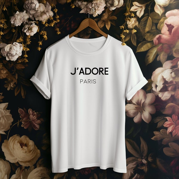 T-shirt tendance J'adore Paris, texte en français T-shirt blanc classique pour votre garde-robe chic Cadeau pour petite amie