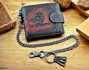 Skull Pattern Leather Wallet Card Money Holder With Chain - Biker Trucker Wallet and as Gift Father