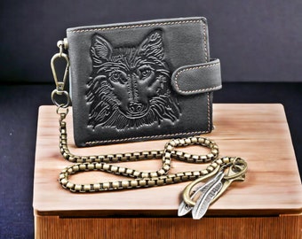 Black Wallet Leather Embossed Wolf with Chain - Snap Coin Card Holder Leather Biker Wallet