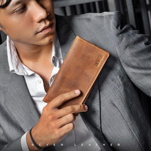 Lange echt leren portemonnee voor heren – geelbruin en bruin – Reven Handmade Bifold