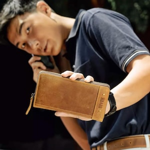 Cartera larga de cuero para hombre – Cartera de mano Crazy Horse de piel de vacuno con cremallera y ranura para teléfono – Organizador para 12 tarjetas