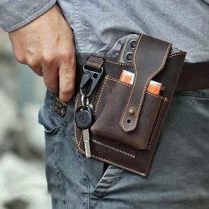 Genuine Leather Phone Holster with Key Clip – Belt Pouch for Men – Handmade Cowhide Waist Bag Fits 6.7&quot; Phone