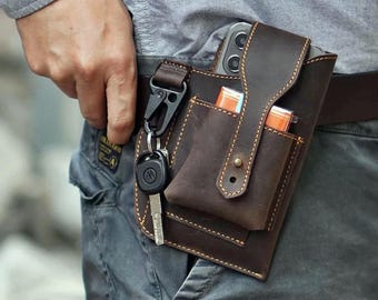 Genuine Leather Phone Holster with Key Clip – Belt Pouch for Men – Handmade Cowhide Waist Bag Fits 6.7&quot; Phone