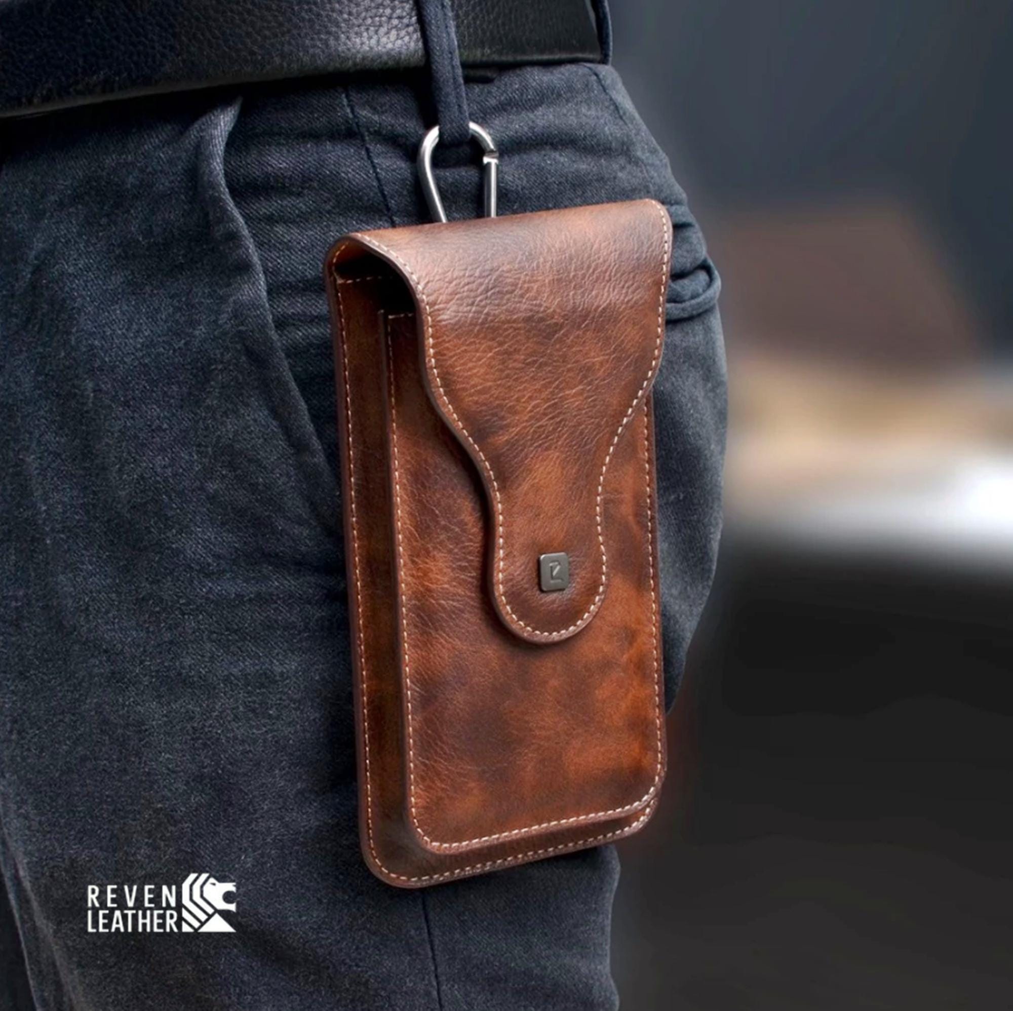 Leather Belt Phone Holster – Dual Pocket Vertical Pouch for 5 and 6 Inch Phones with Magnetic Closure and Card Slot