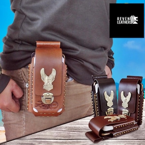 Herren Leder Gürtel Handyhalter | Dual Slot Gürteltasche für Smartphones | Beutel mit Adler-Prägung