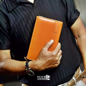 Men’s Genuine Leather Clutch Handbag – Slim Organizer Wallet Bag with Strap by Reven Leather