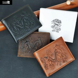 Echtleder Geldbörse für Herren mit 3D Drachen Prägung - Handgemachte Bifold Geldbörse für stilvolle Männer