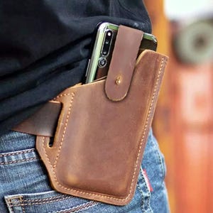 Genuine Leather Phone Holster for Belt – Crazy Horse Cowhide Waist Case for 6.7” Phones
