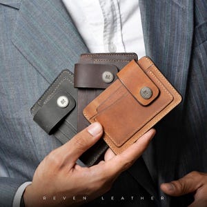 Tarjetero delgado de cuero para hombre – Piel de vacuno Crazy Horse con ranura para billetes y cierre de botón – Billetera minimalista con RFID y bolsillo frontal