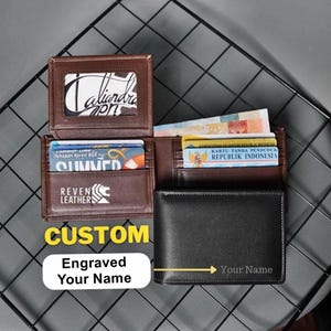 Cartera plegable personalizada para hombre: cartera corta de cuero genuino con nombre grabado, ranuras para tarjetas y fotos.