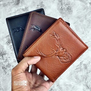 Cartera de piel auténtica para hombre con relieve de ciervo en 3D: cartera rústica plegable para él