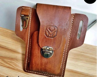 Men’s Leather Phone Holster with Belt Loop – Double Slot Crazy Horse Cowhide Case with Key Clip – Fits 6.3–6.5 inch Phones