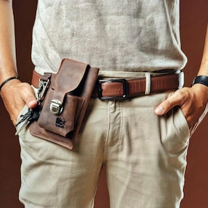 Funda de cuero para teléfono de hombre: funda de piel de vacuno auténtica para cinturón, ideal para llevar smartphones y llaves.