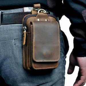 Riñonera de piel auténtica para teléfono móvil de hasta 6,7 pulgadas para hombre.