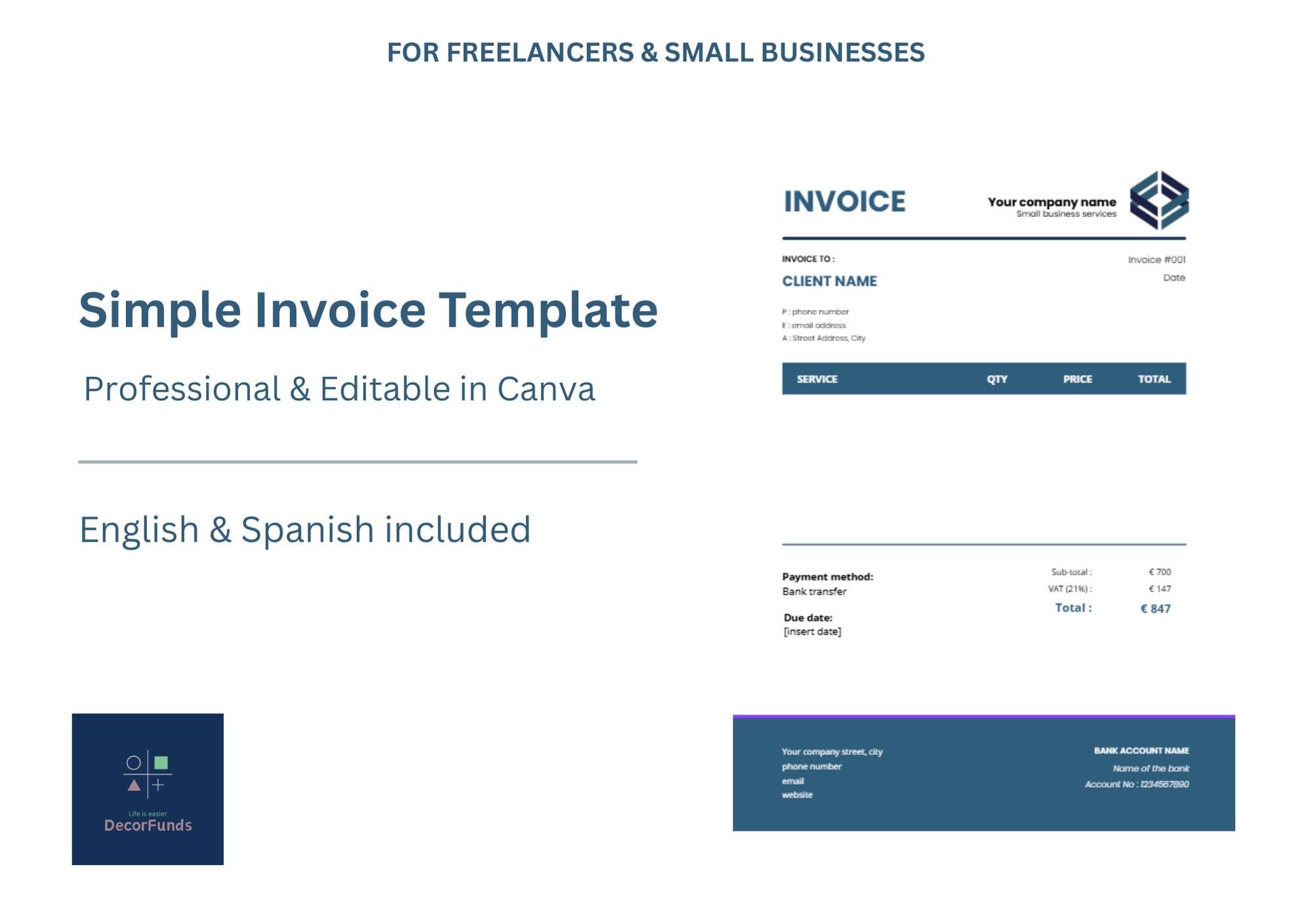Editable Canva Invoice Template | Freelancer, Small Business (digital ...
